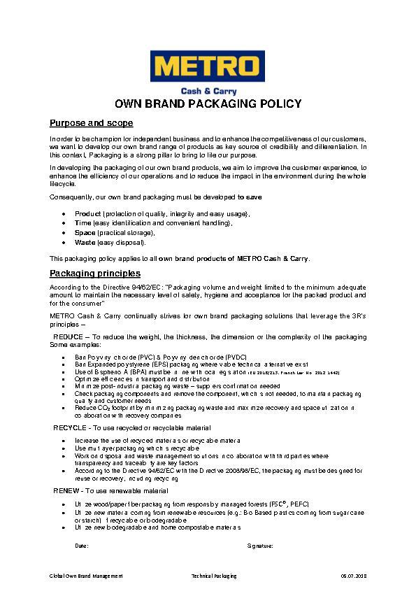 METRO Cash & Carry - Own Brand Packaging Policy