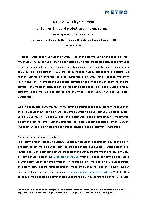 METRO AG Policy Statement on human rights and protection of the environment (LkSG)