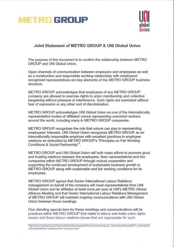 Statement METRO and UNI Global Union